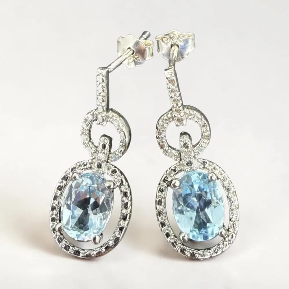 2.83ct Blue Topaz Diamond Dangle Earrings 925 Sterling Silver - NEW